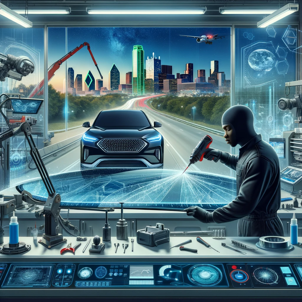 Black mechanic using advanced technology for car windshield replacement in a modern Dallas auto repair shop, with a futuristic Dallas skyline.